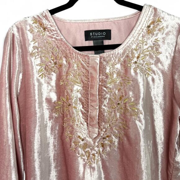 Liz Claiborne Pink Velvet‎ Tunic Top L Boho Fairycore Whimsy Glam Embroidered - Picture 4 of 10